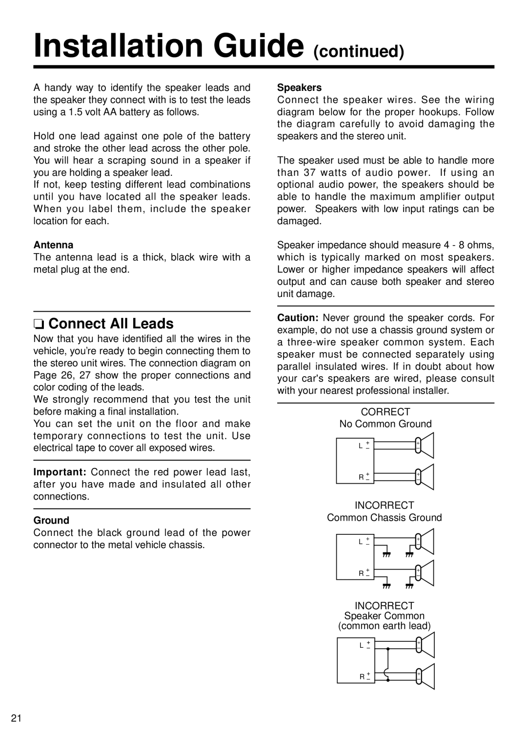 Panasonic CQ-4300U, CQ-4500U operating instructions Connect All Leads, Antenna, Ground 