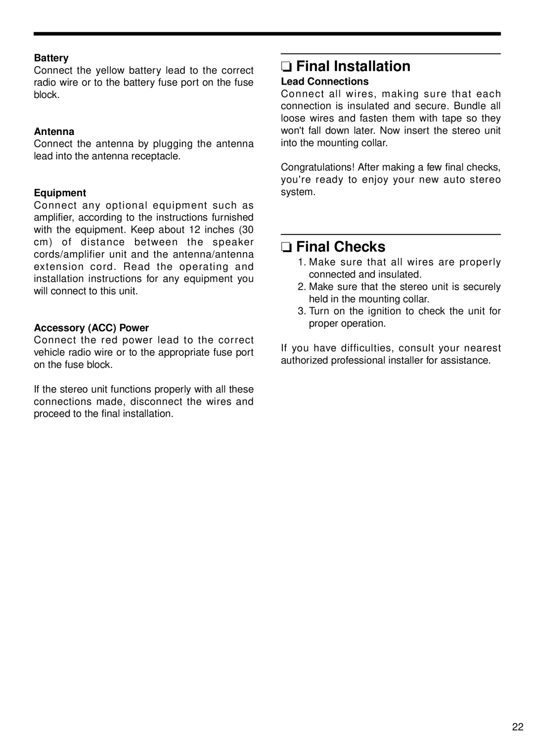 Panasonic CQ-4500U, CQ-4300U operating instructions Final Installation, Final Checks 