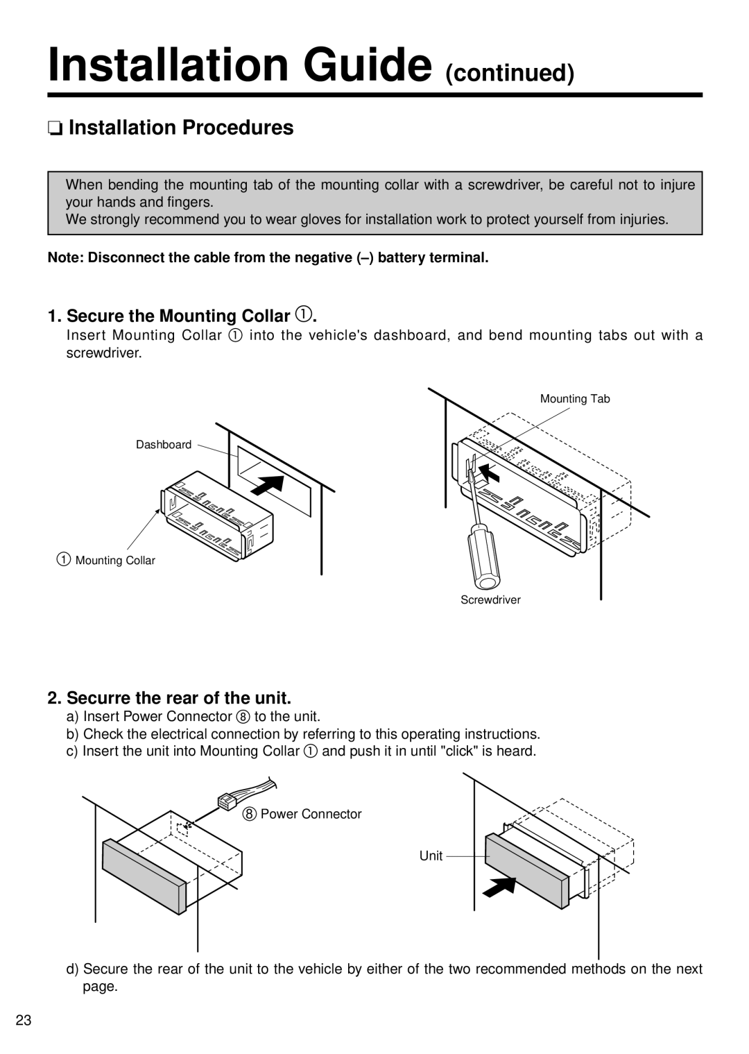 Panasonic CQ-4300U, CQ-4500U Installation Procedures, Secure the Mounting Collar, Securre the rear of the unit 