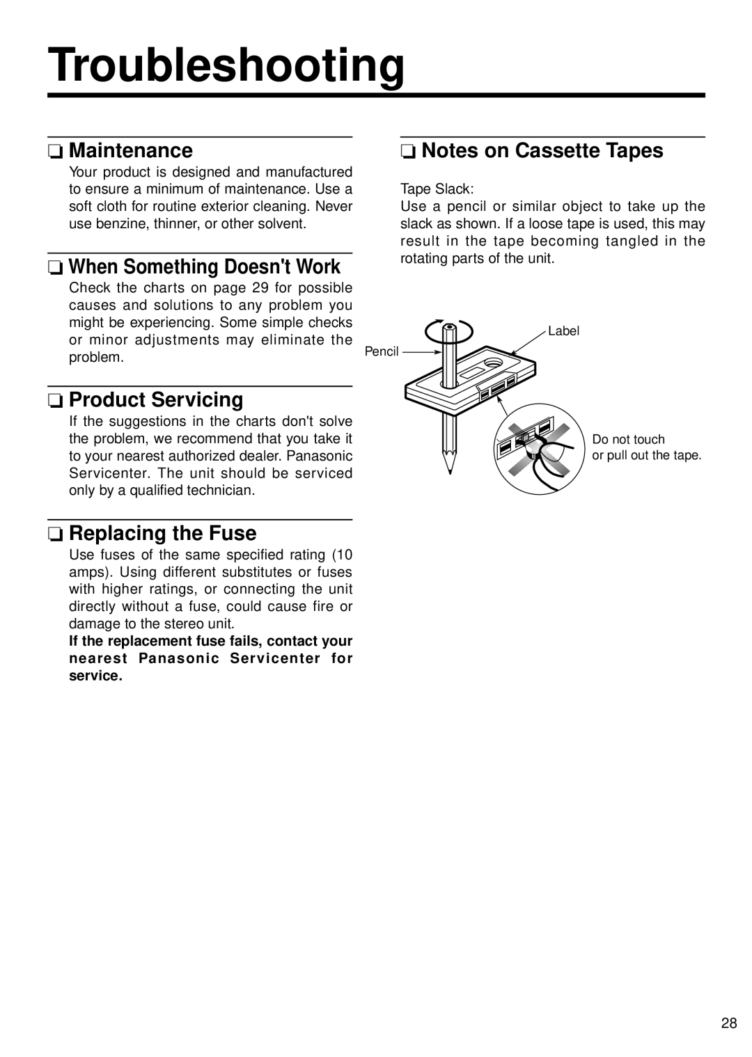 Panasonic CQ-4500U, CQ-4300U operating instructions Troubleshooting, Maintenance, Product Servicing, Replacing the Fuse 