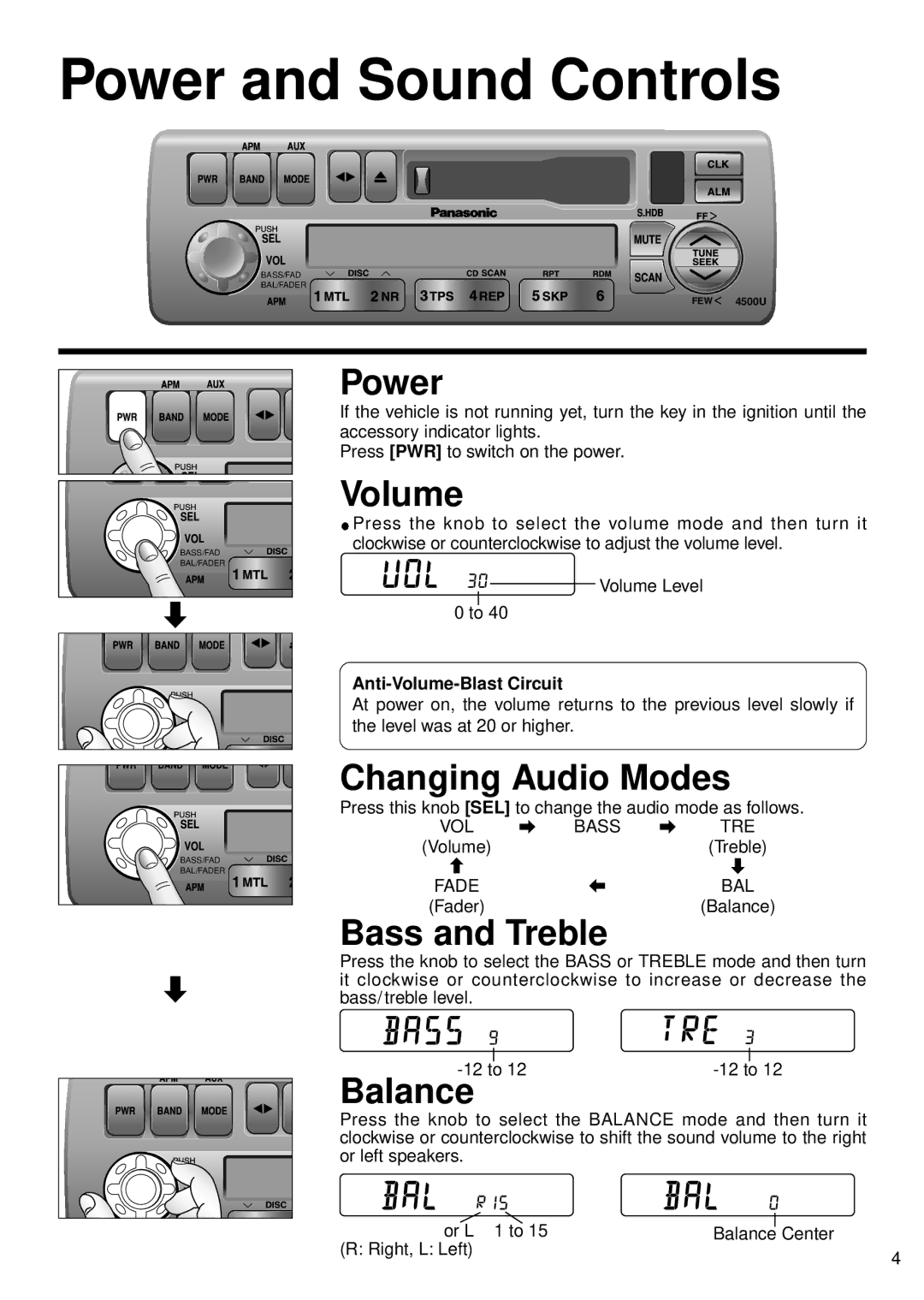 Panasonic CQ-4500U, CQ-4300U operating instructions Power and Sound Controls 