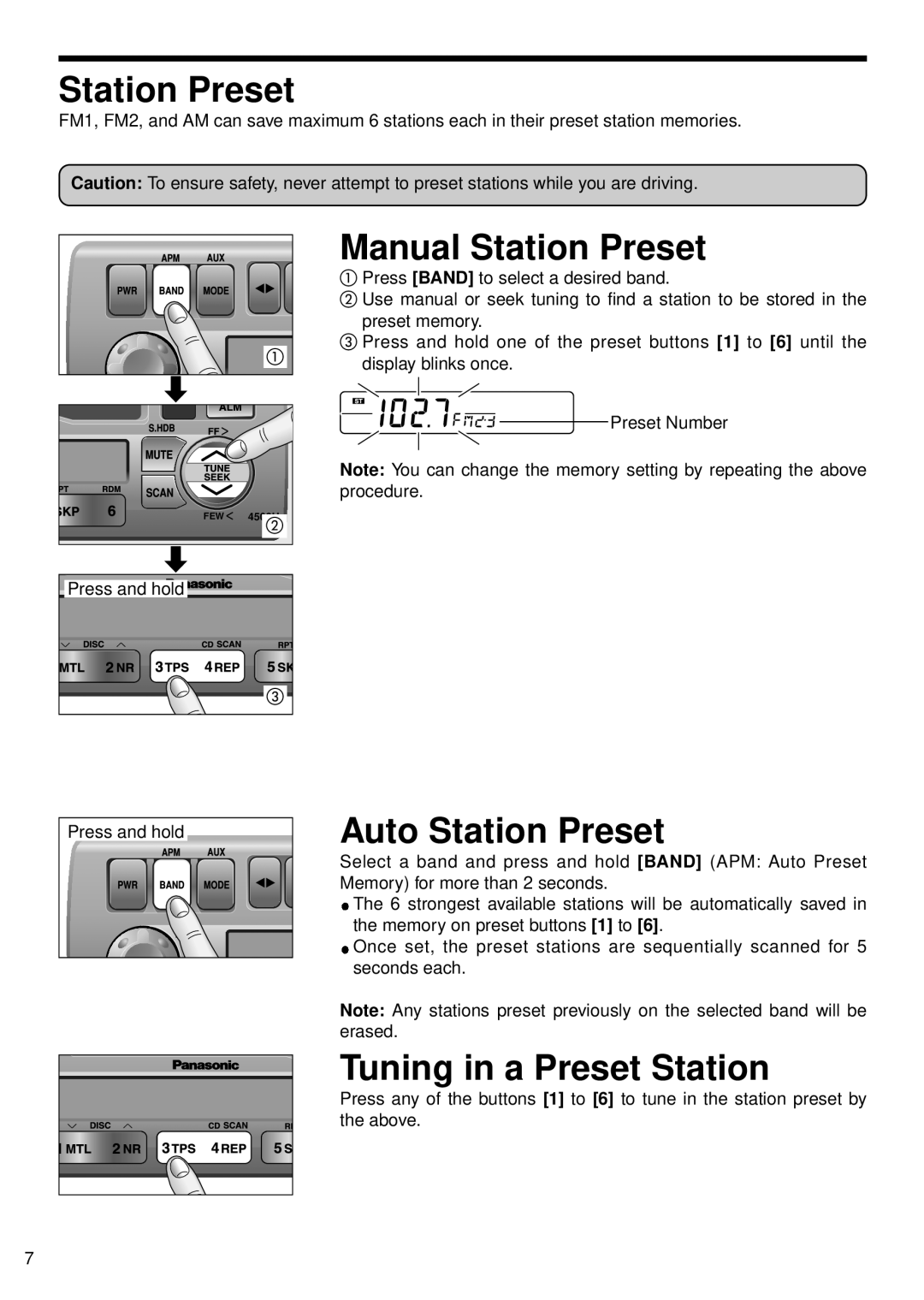 Panasonic CQ-4300U, CQ-4500U Manual Station Preset, Auto Station Preset, Tuning in a Preset Station, Press and hold 