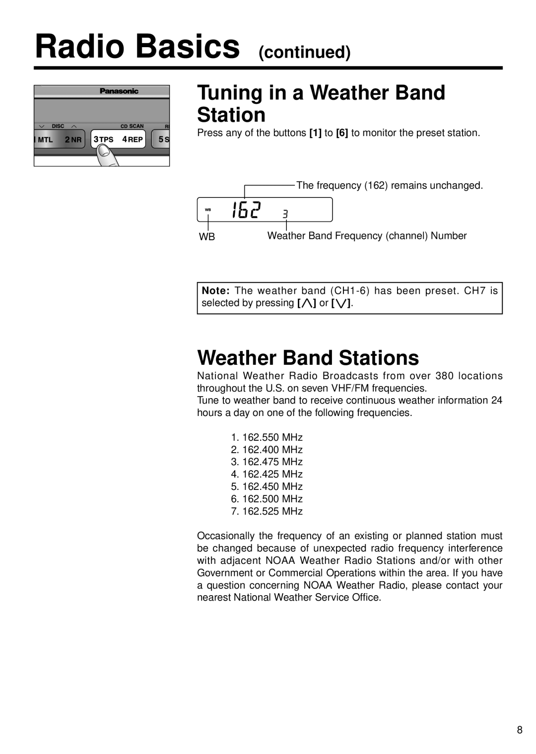 Panasonic CQ-4500U, CQ-4300U operating instructions Tuning in a Weather Band Station, Weather Band Stations 