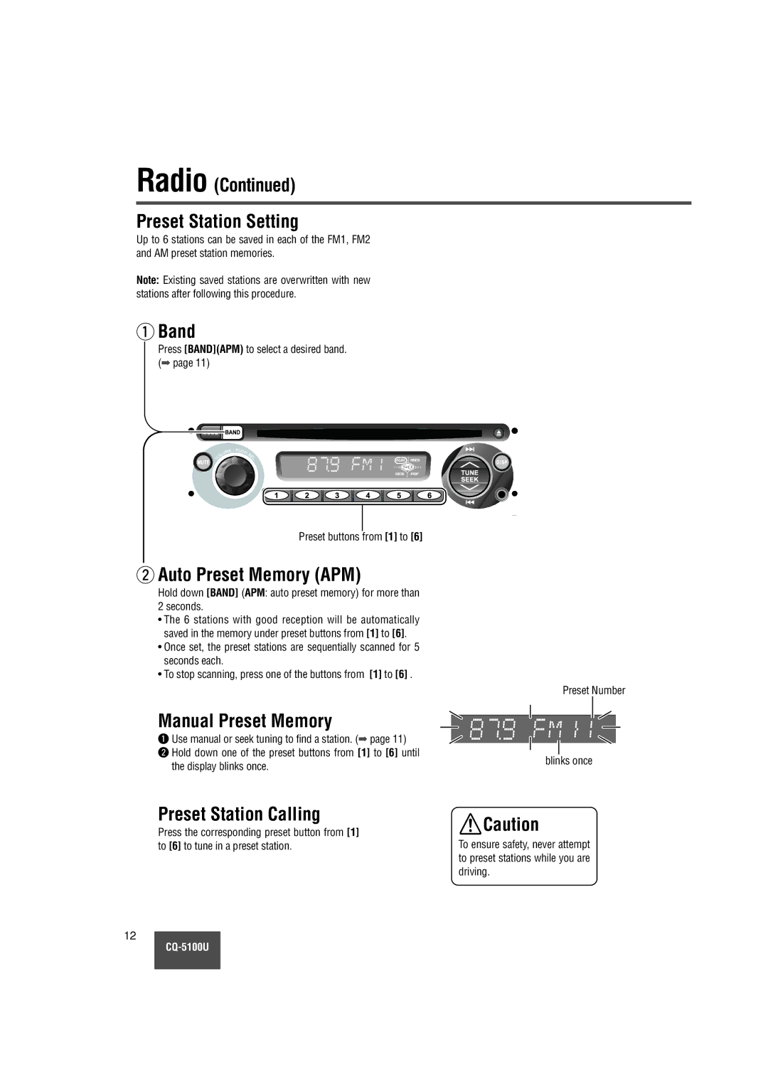 Panasonic CQ-5100U Radio Preset Station Setting, Auto Preset Memory APM, Manual Preset Memory, Preset Station Calling 