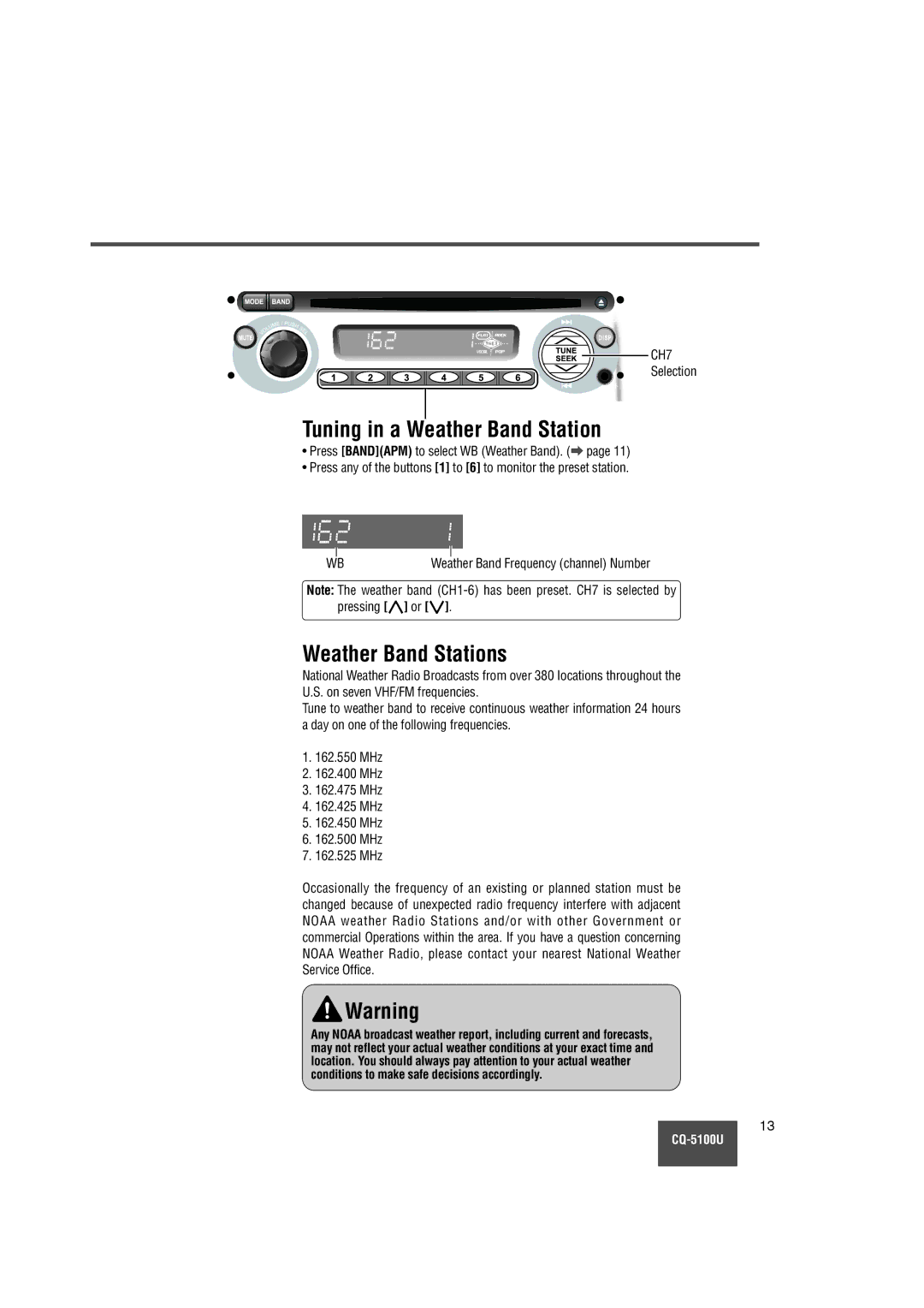 Panasonic CQ-5100U warranty Tuning in a Weather Band Station, Weather Band Stations 