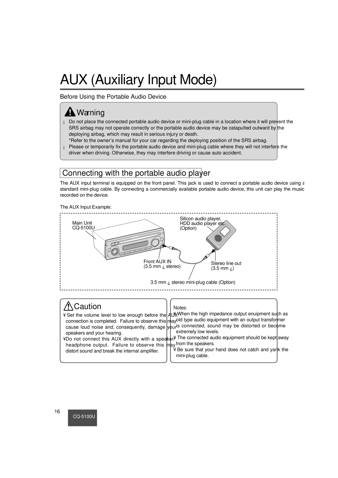 Panasonic CQ-5100U warranty AUX Auxiliary Input Mode, Connecting with the portable audio player 