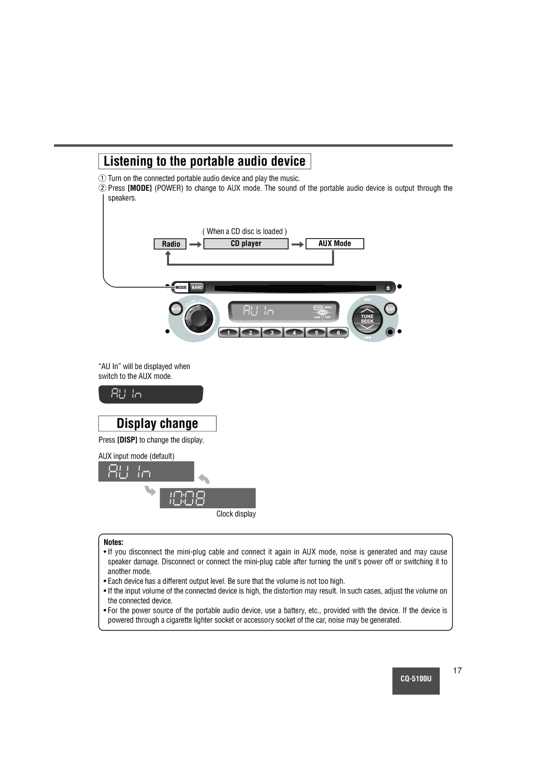 Panasonic CQ-5100U warranty Listening to the portable audio device, Radio 