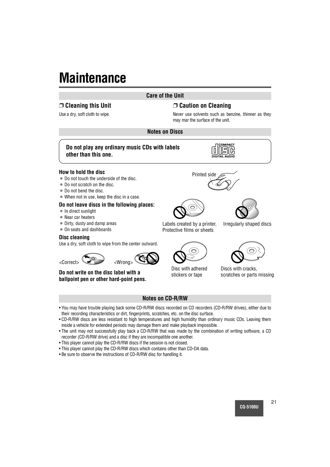 Panasonic CQ-5100U warranty Maintenance, Cleaning this Unit 