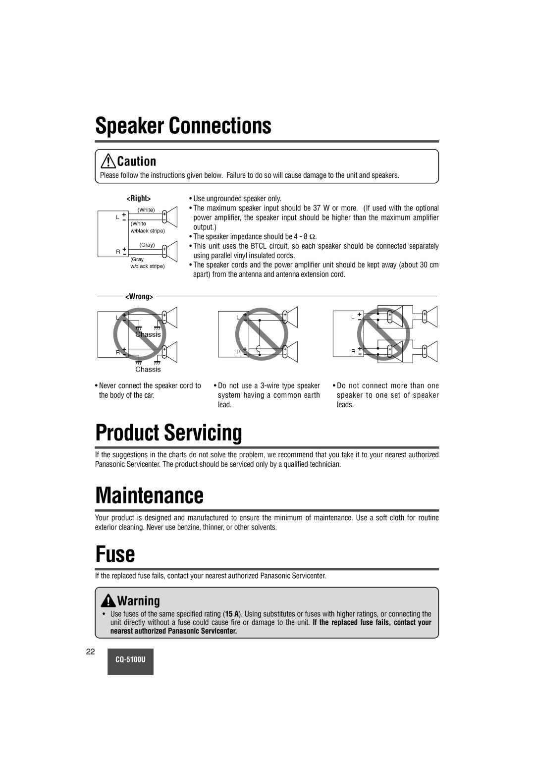 Panasonic CQ-5100U warranty Speaker Connections, Product Servicing, Fuse, Wrong Chassis 