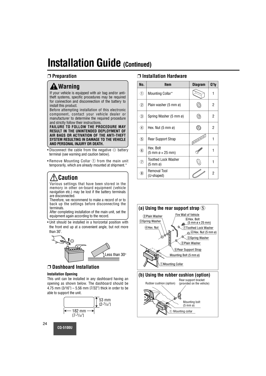 Panasonic CQ-5100U warranty Preparation, Dashboard Installation, Installation Hardware, Installation Opening, Diagram Q’ty 