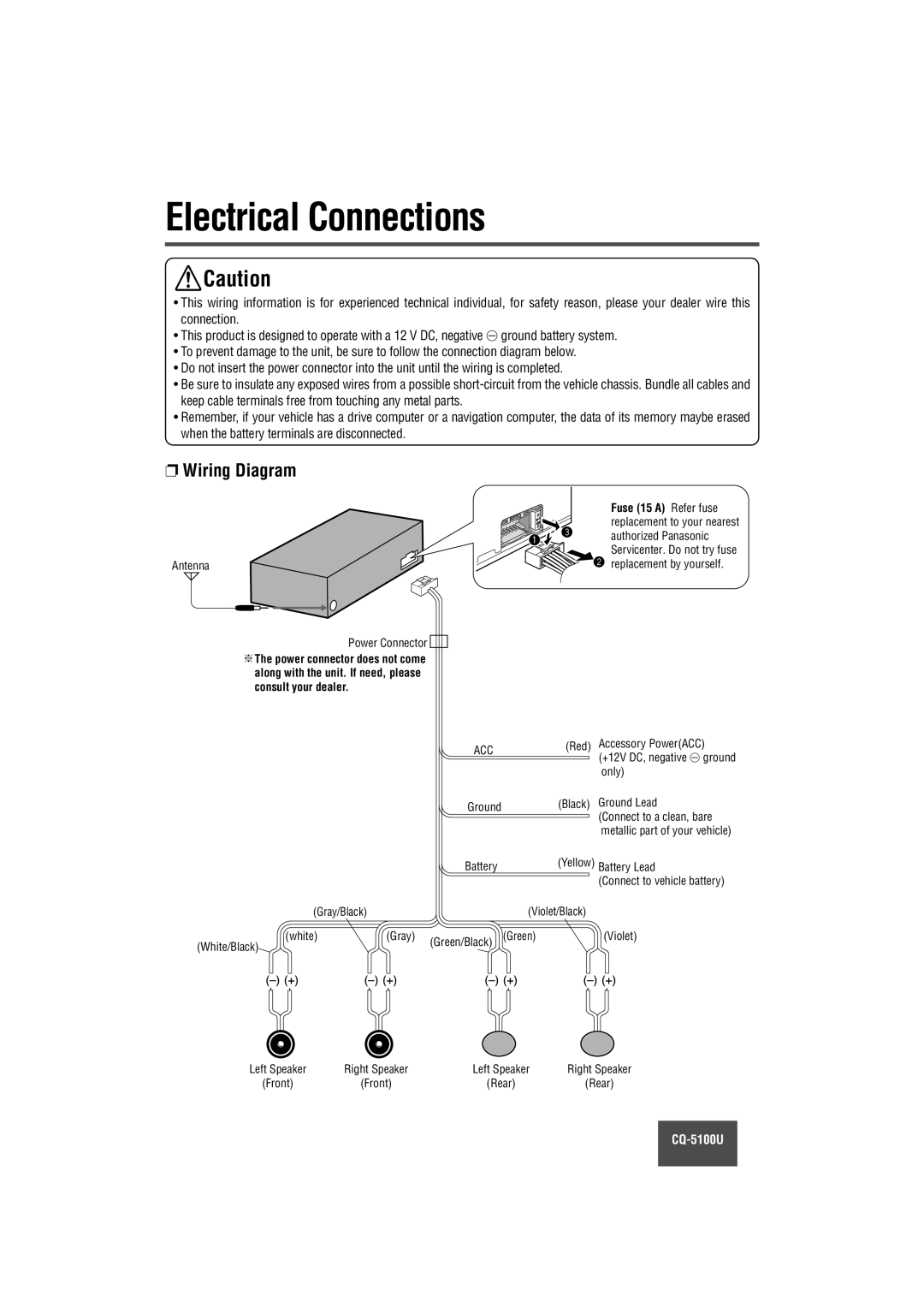 Panasonic CQ-5100U warranty Electrical Connections, Wiring Diagram 