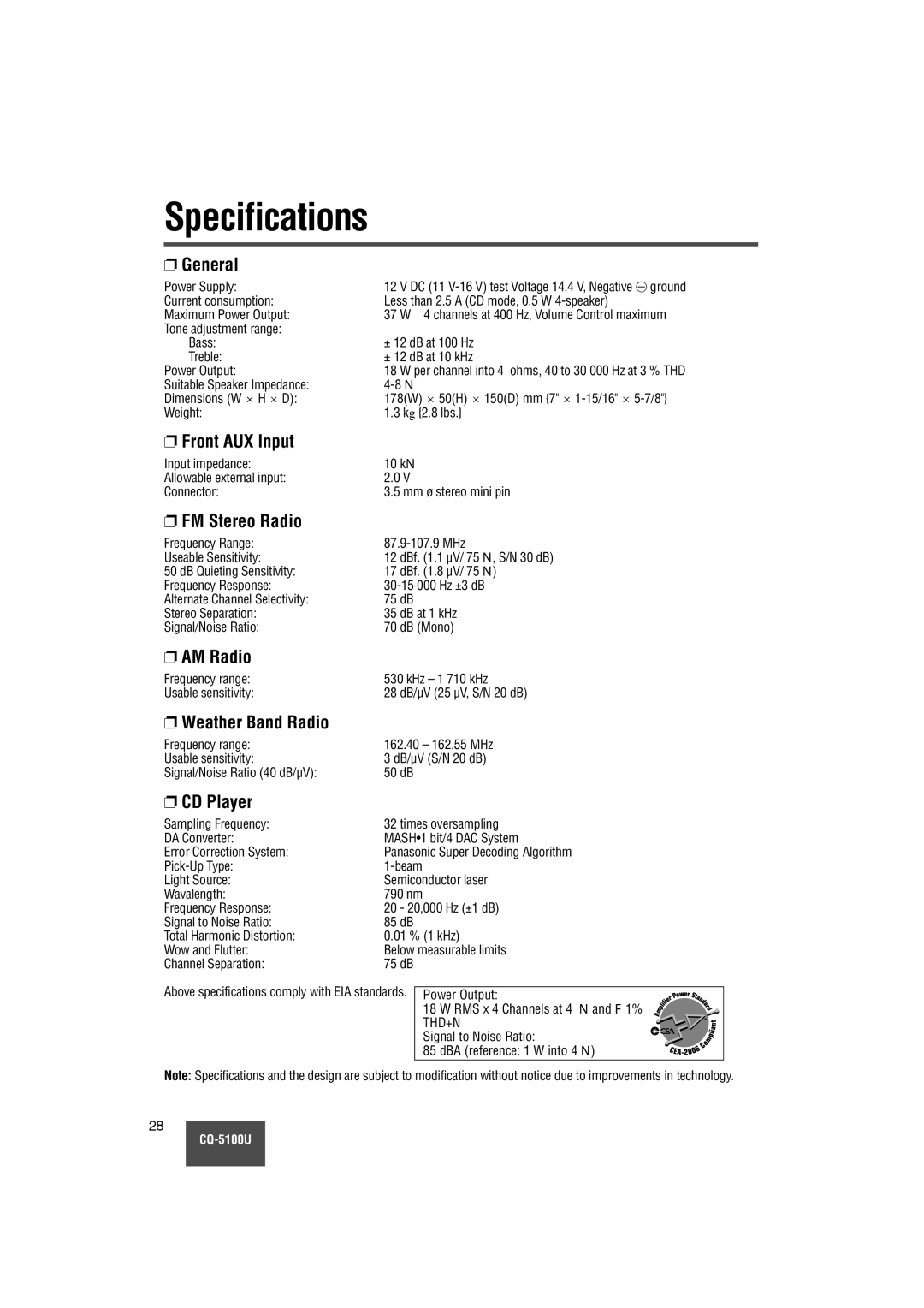 Panasonic CQ-5100U warranty Specifications 