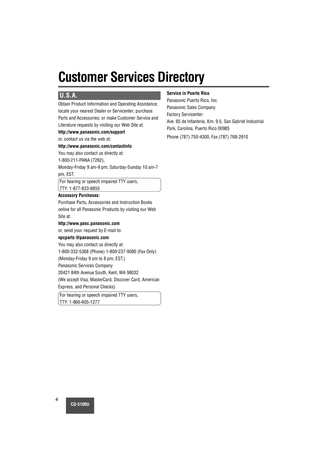 Panasonic CQ-5100U Customer Services Directory, Accessory Purchases, Npcparts @panasonic.com, Service in Puerto Rico 