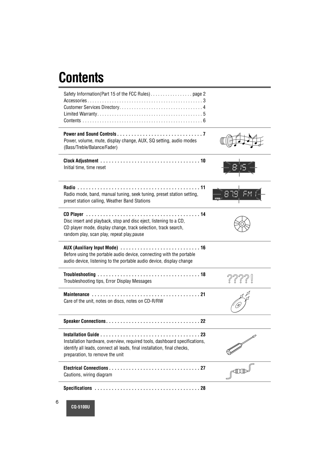 Panasonic CQ-5100U warranty Contents 