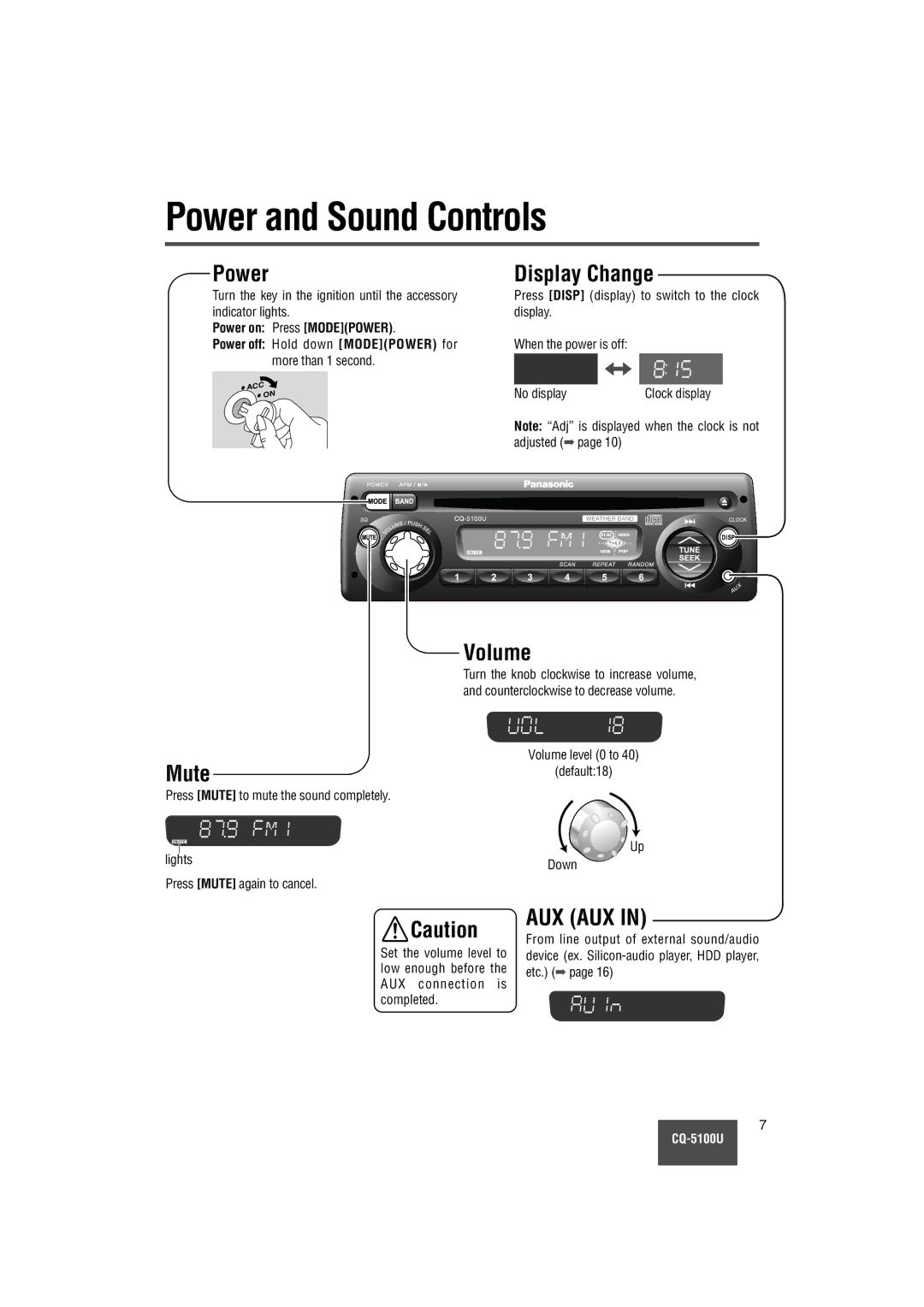 Panasonic CQ-5100U warranty Power and Sound Controls, Mute, Volume 