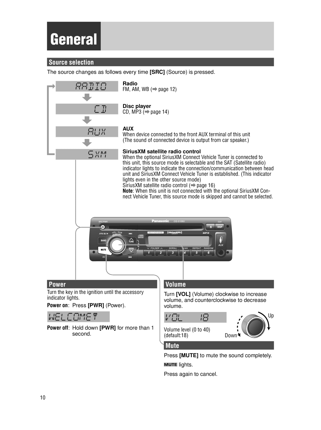 Panasonic CQ-5109U operating instructions General, Source selection, Power, Mute 