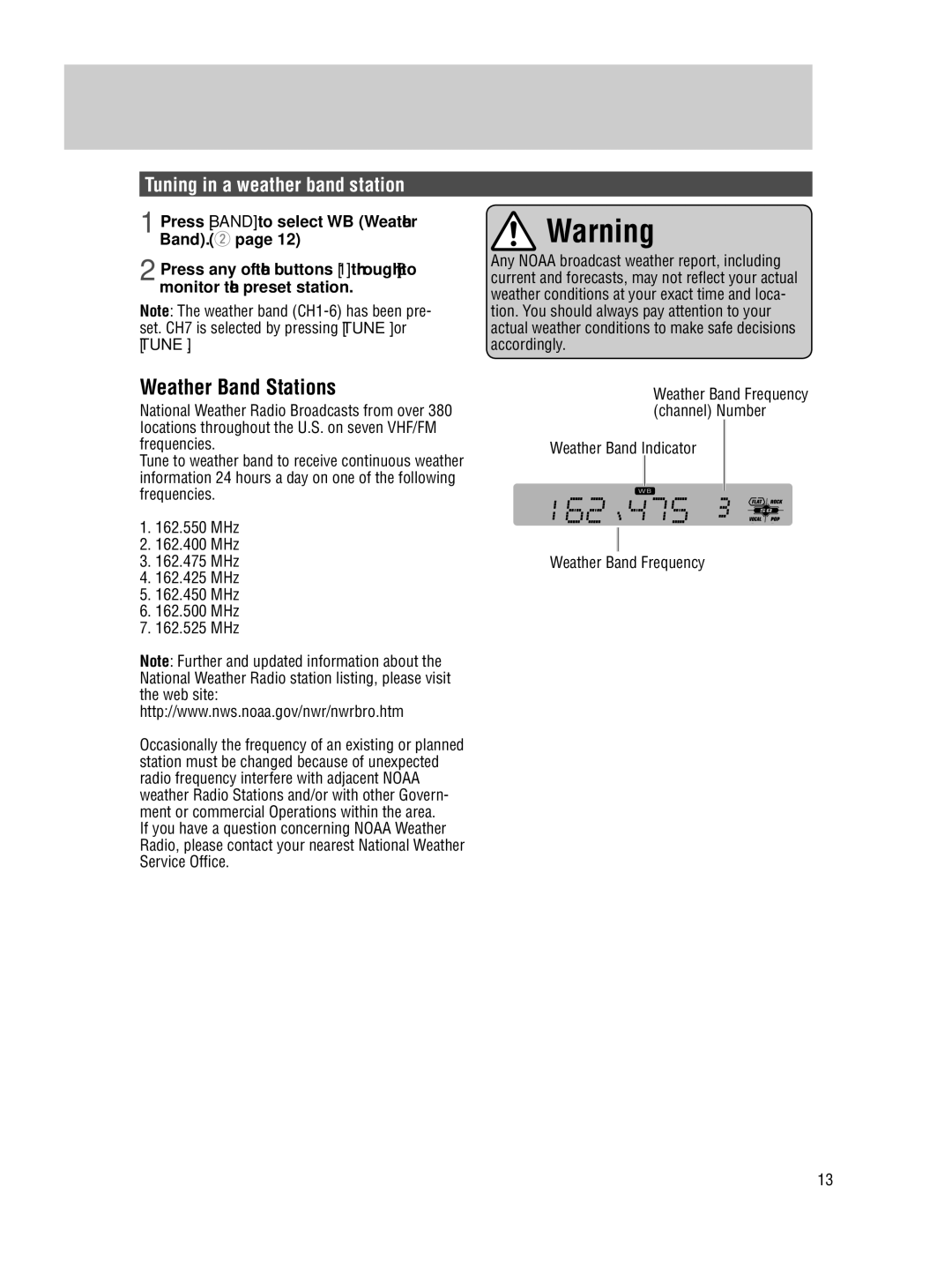 Panasonic CQ-5109U operating instructions Weather Band Stations, Tuning in a weather band station 