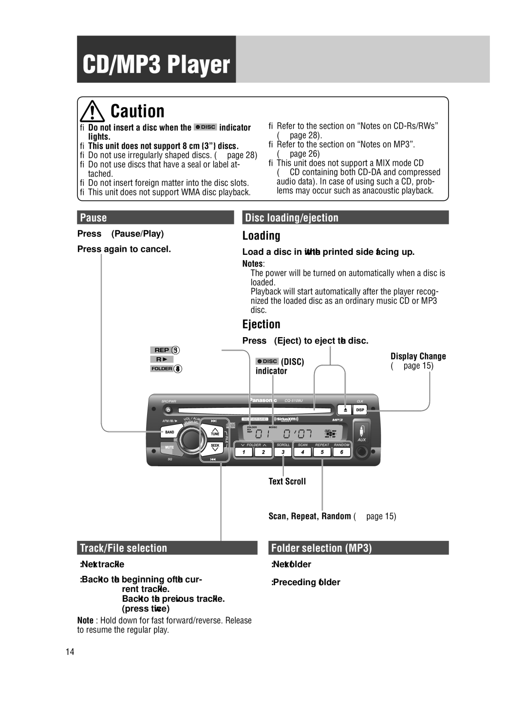 Panasonic CQ-5109U operating instructions CD/MP3 Player, Loading, Ejection 