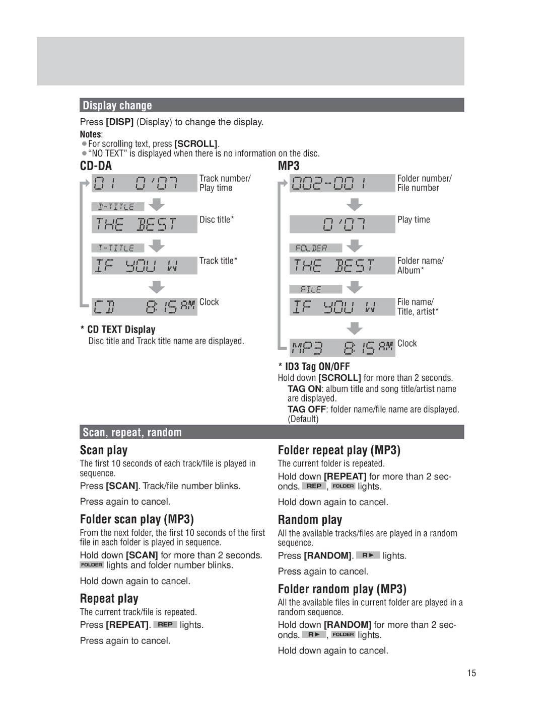 Panasonic CQ-5109U operating instructions Scan play, Folder repeat play MP3, Folder scan play MP3, Repeat play, Random play 