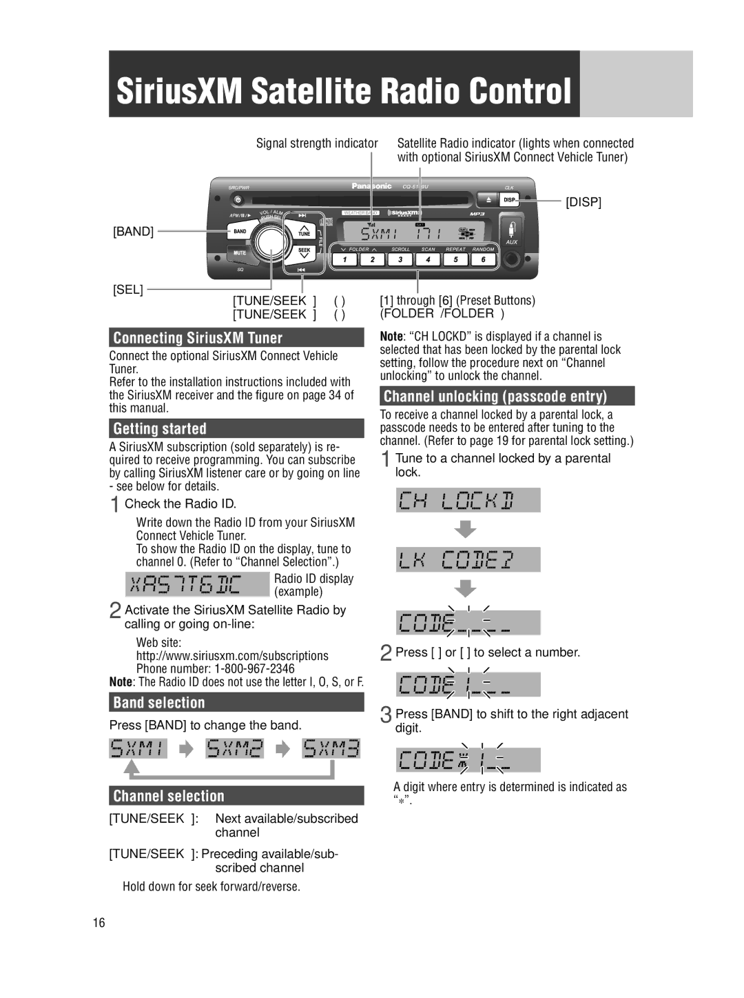 Panasonic CQ-5109U operating instructions SiriusXM Satellite Radio Control 