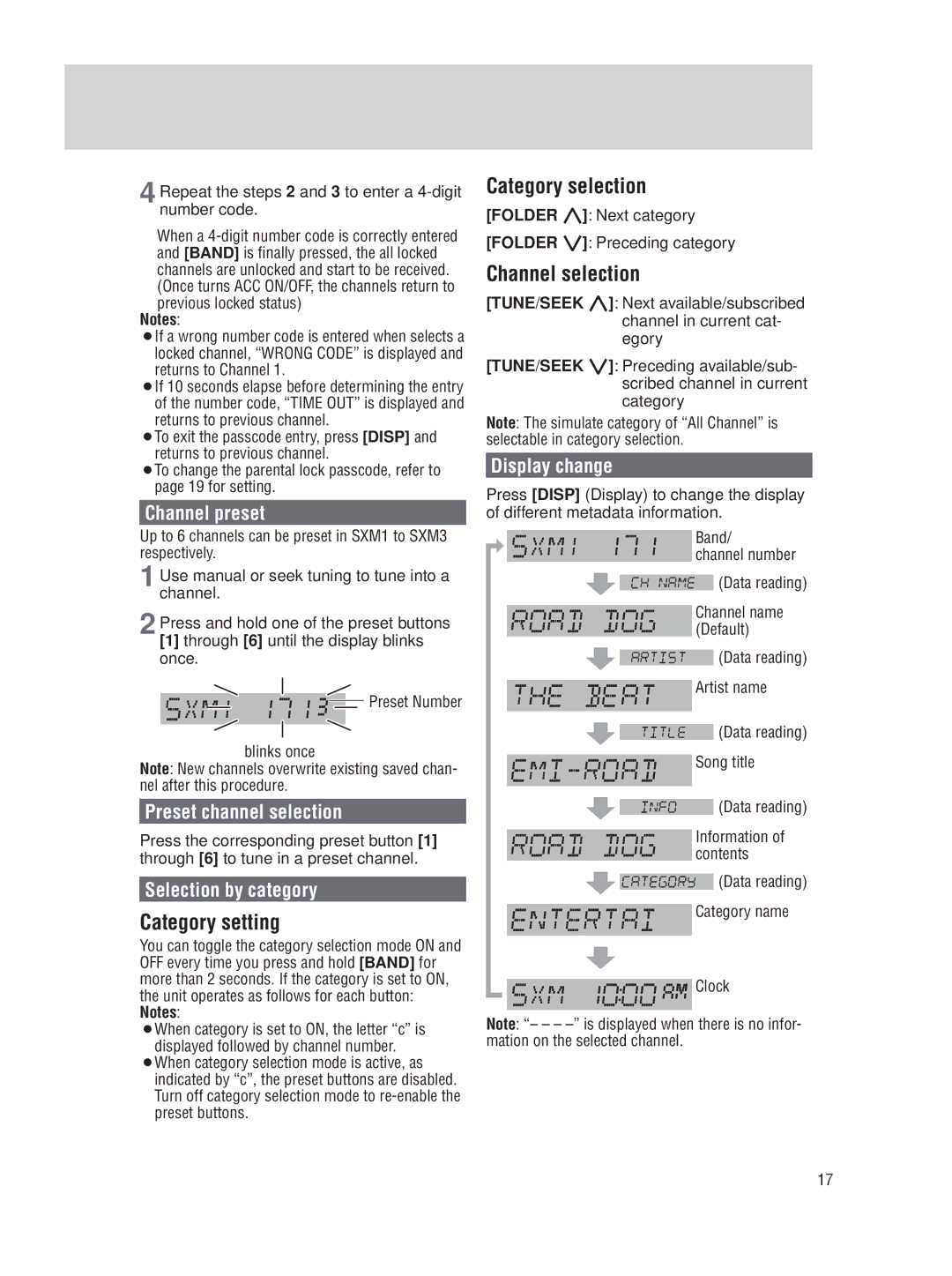 Panasonic CQ-5109U operating instructions Category setting, Category selection, Channel selection 