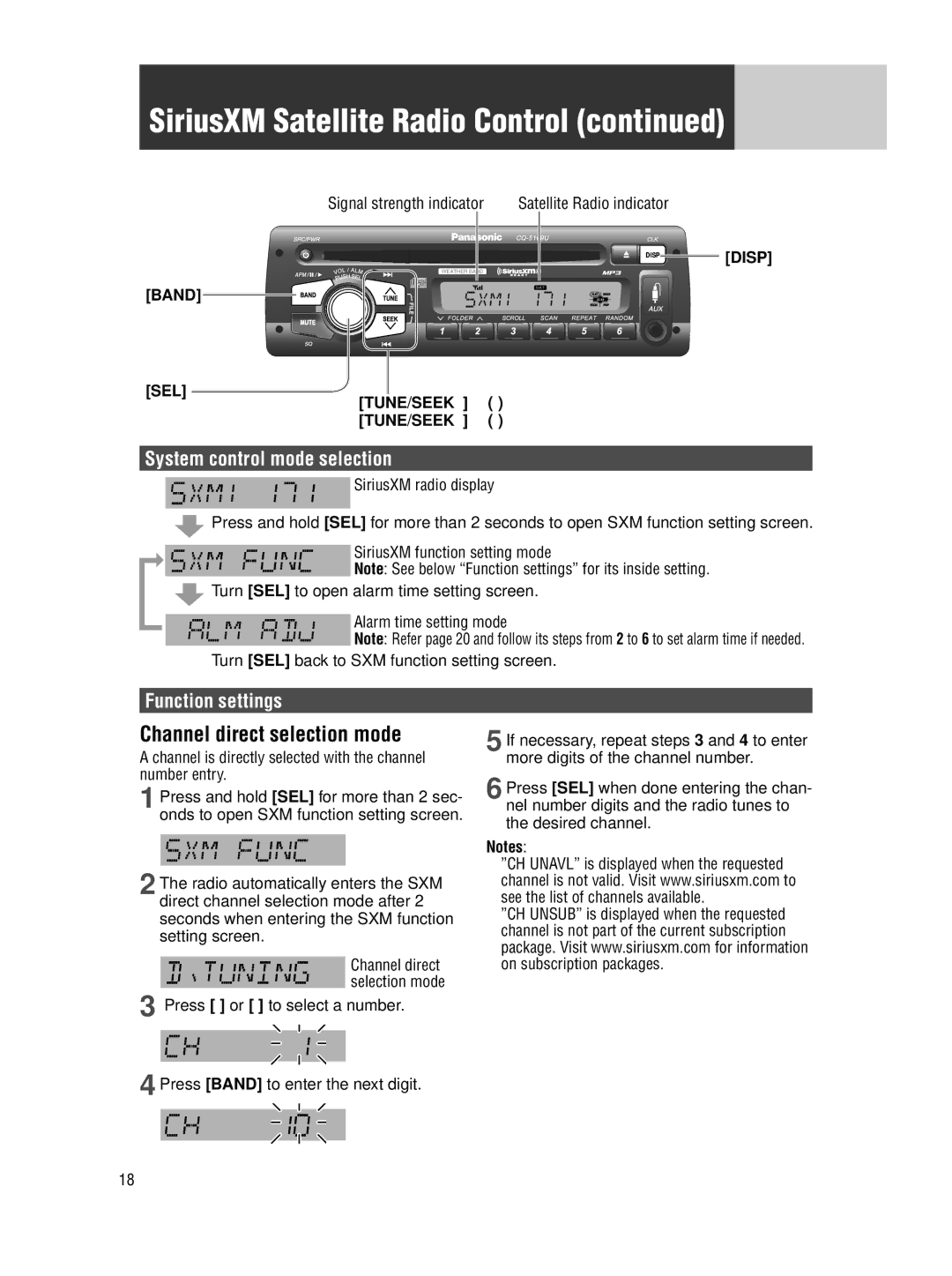 Panasonic CQ-5109U operating instructions Channel direct selection mode, System control mode selection, Function settings 