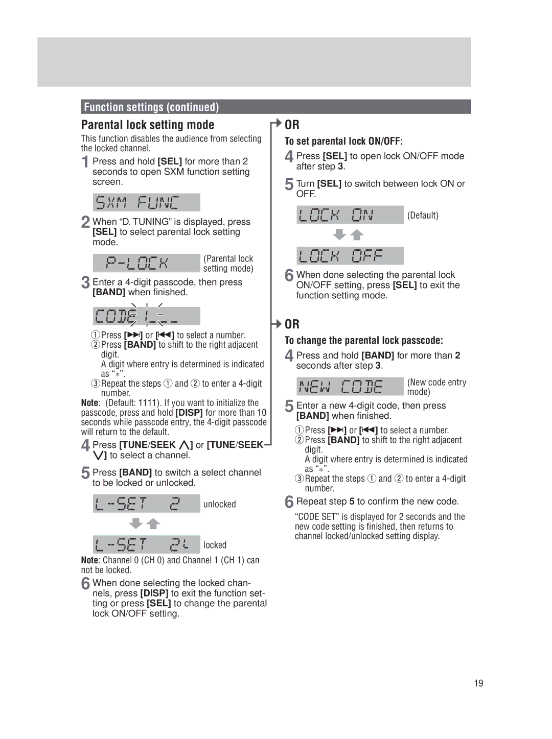 Panasonic CQ-5109U Parental lock setting mode, To set parental lock ON/OFF, To change the parental lock passcode 