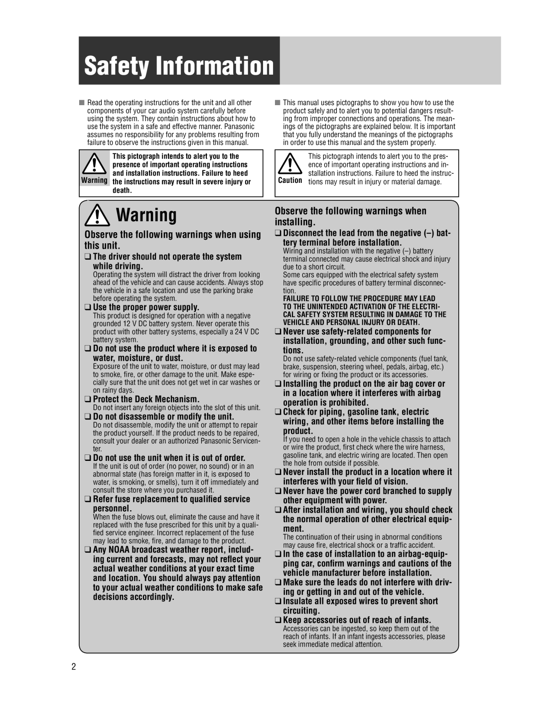 Panasonic CQ-5109U operating instructions Safety Information, Observe the following warnings when using this unit 