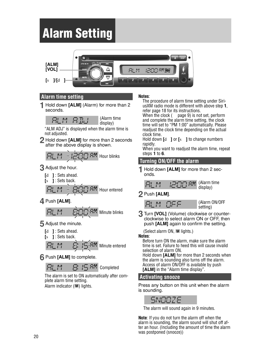 Panasonic CQ-5109U operating instructions Alarm Setting, Alarm time setting, Turning ON/OFF the alarm, Activating snooze 