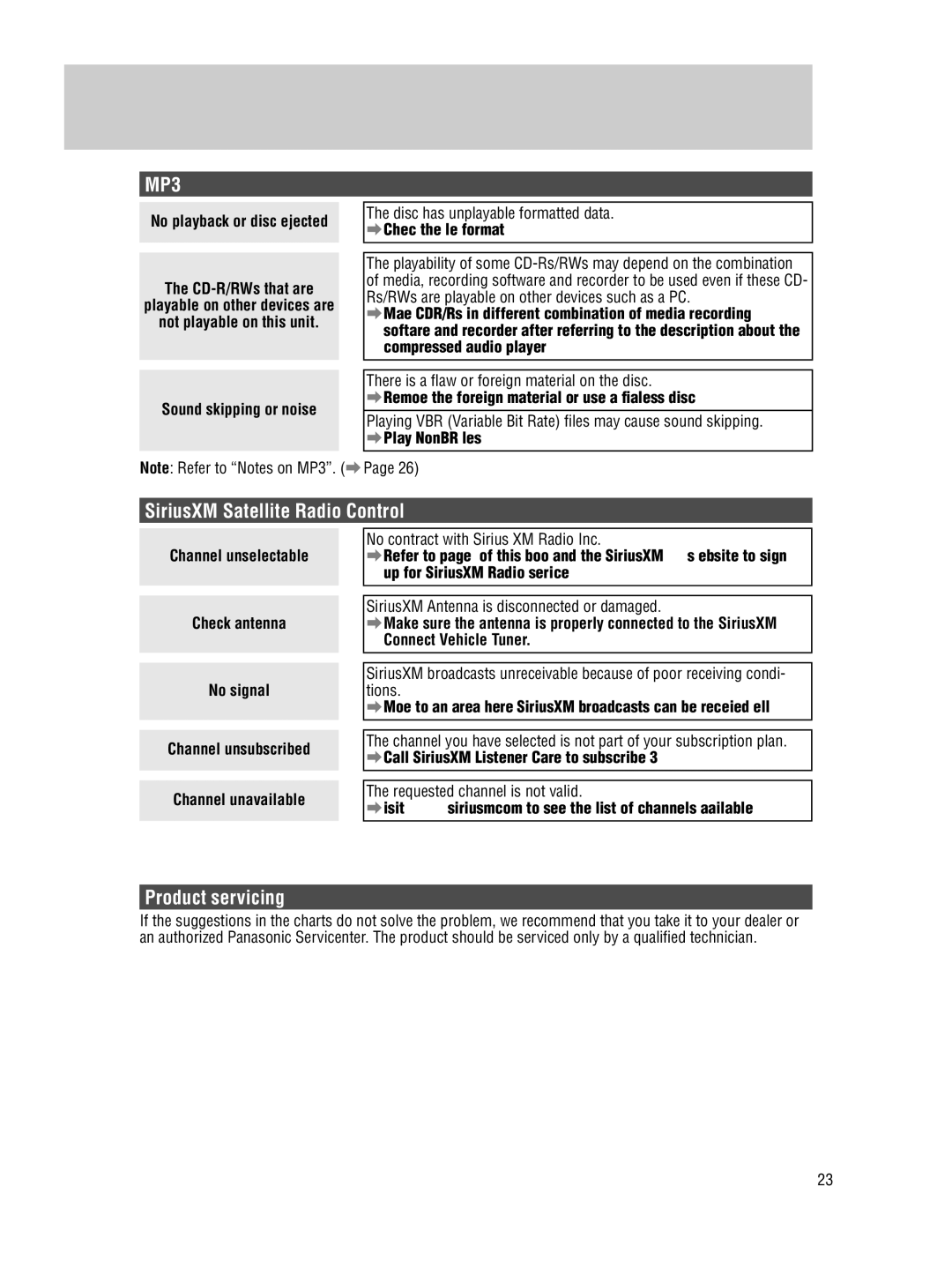 Panasonic CQ-5109U operating instructions SiriusXM Satellite Radio Control, Product servicing 