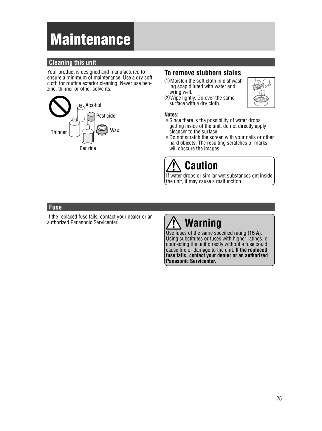 Panasonic CQ-5109U operating instructions Maintenance, To remove stubborn stains, Cleaning this unit, Fuse 