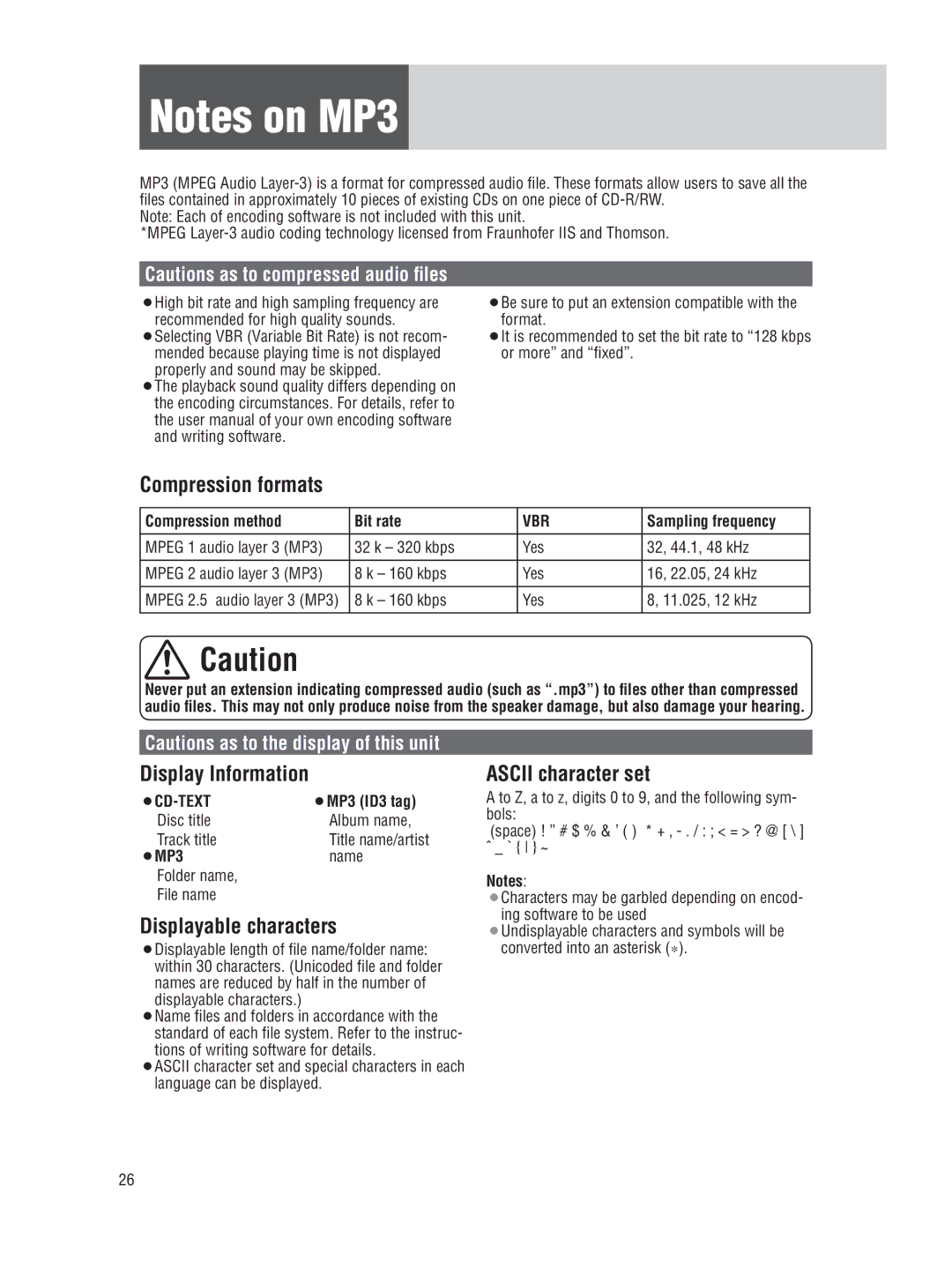 Panasonic CQ-5109U Compression formats, Display Information, Displayable characters, Ascii character set 