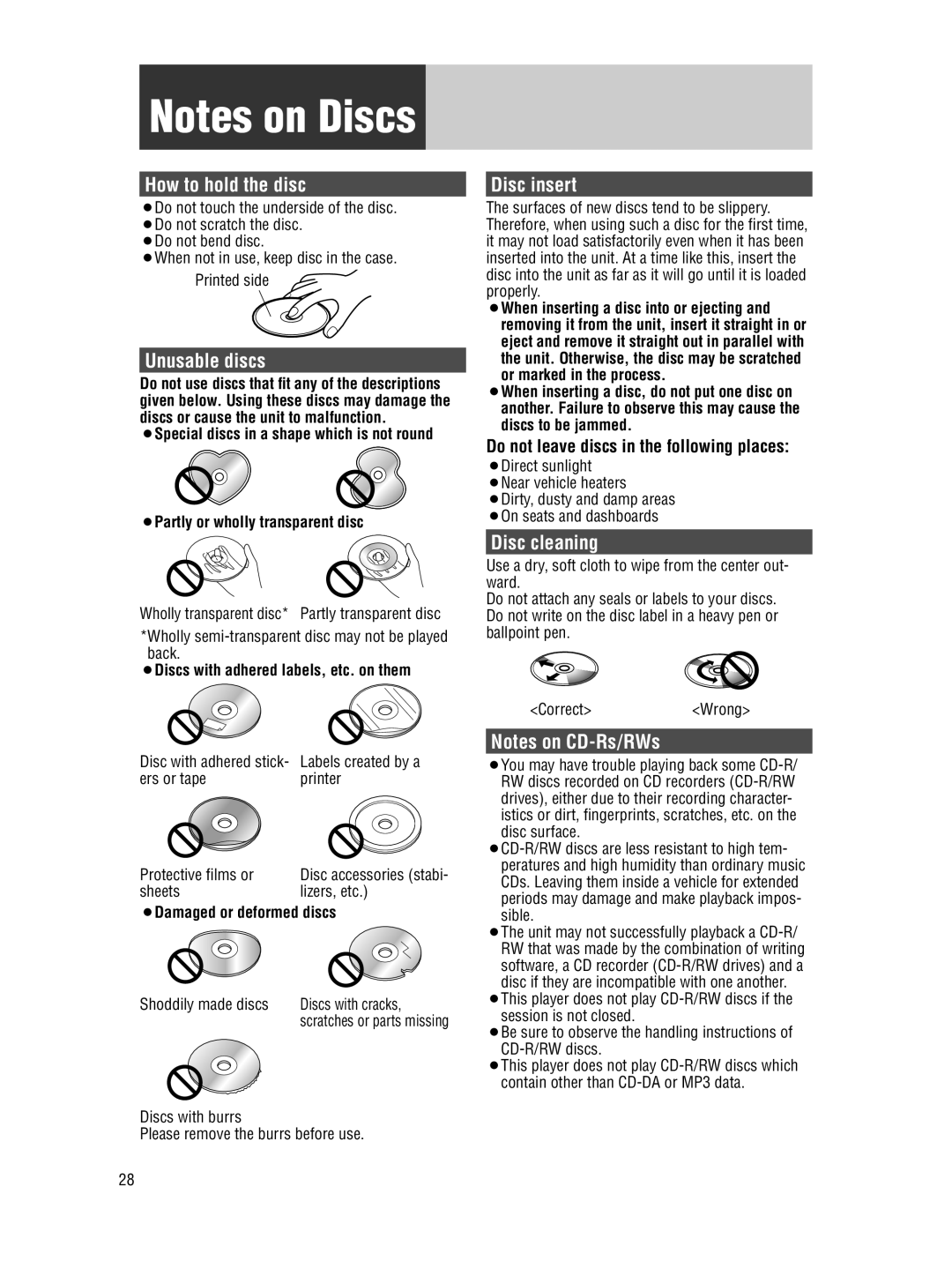 Panasonic CQ-5109U operating instructions How to hold the disc, Unusable discs, Disc insert, Disc cleaning 