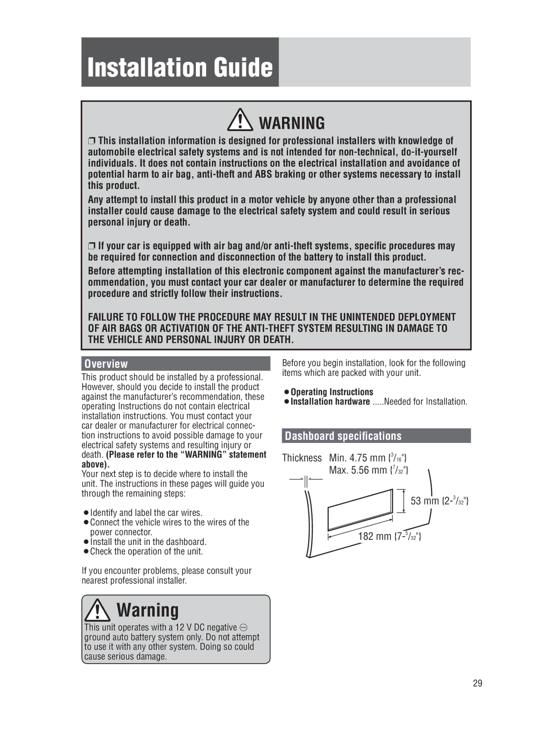 Panasonic CQ-5109U operating instructions Installation Guide, Overview, Dashboard specifications, ¡Operating Instructions 