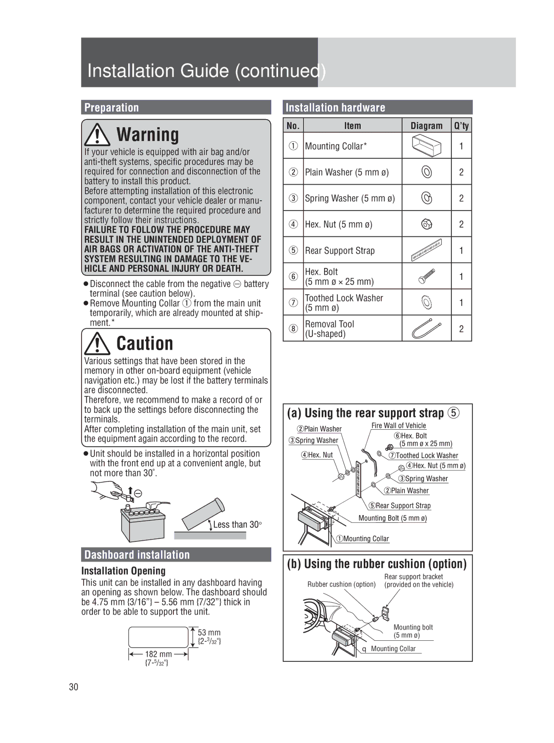 Panasonic CQ-5109U Using the rubber cushion option, Preparation, Dashboard installation, Installation hardware 