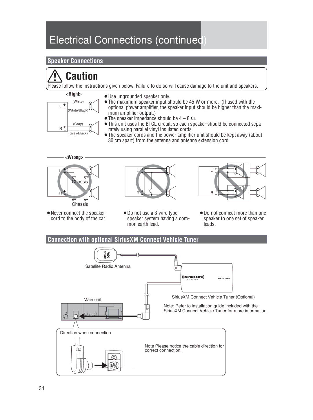 Panasonic CQ-5109U Speaker Connections, Connection with optional SiriusXM Connect Vehicle Tuner, ¡Do not use a 3-wire type 