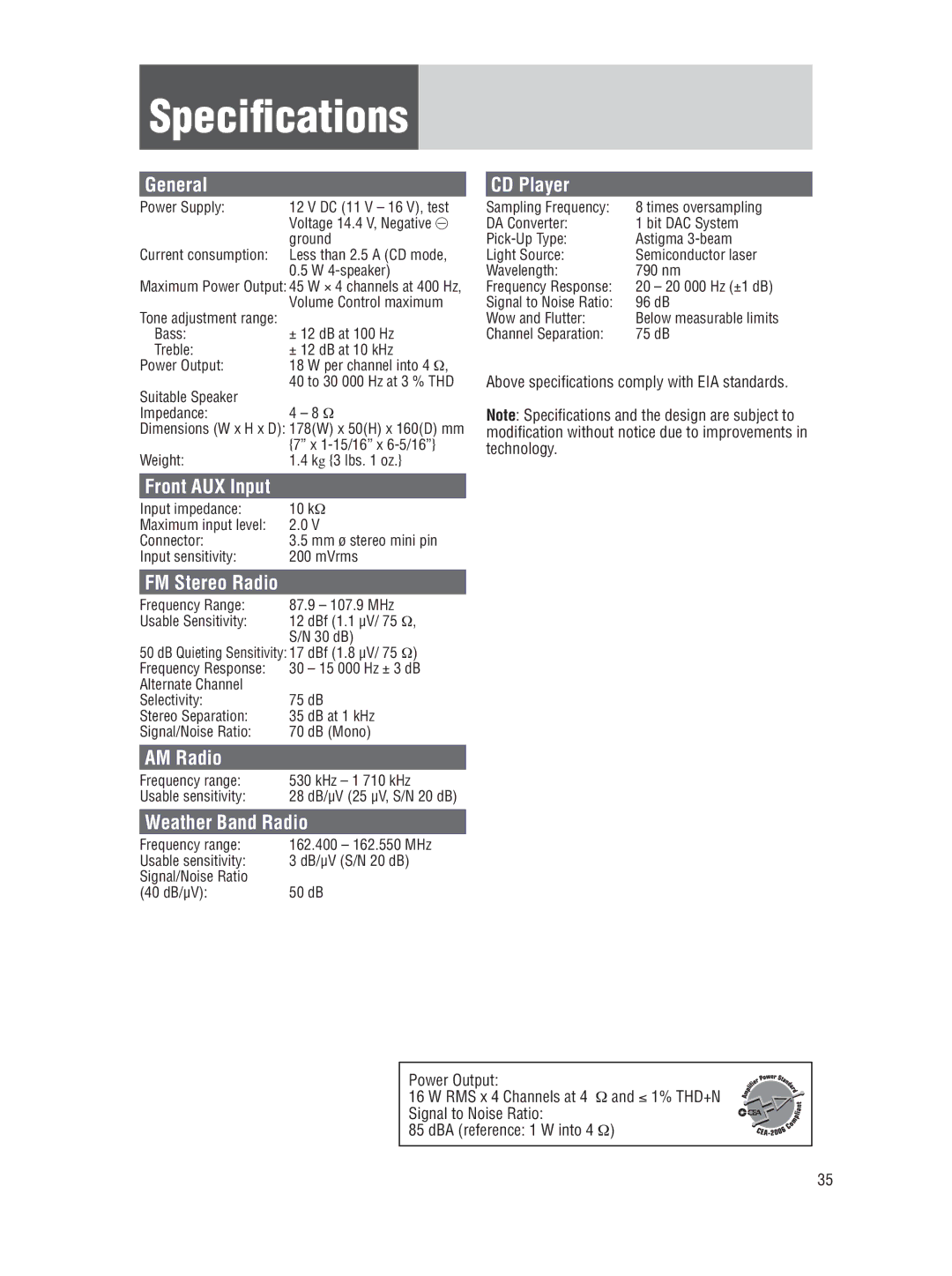 Panasonic CQ-5109U operating instructions Specifications 