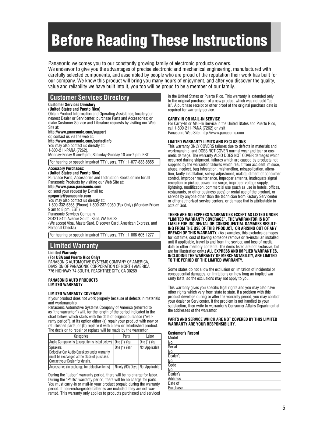 Panasonic CQ-5109U operating instructions Before Reading These Instructions, Customer Services Directory, Limited Warranty 