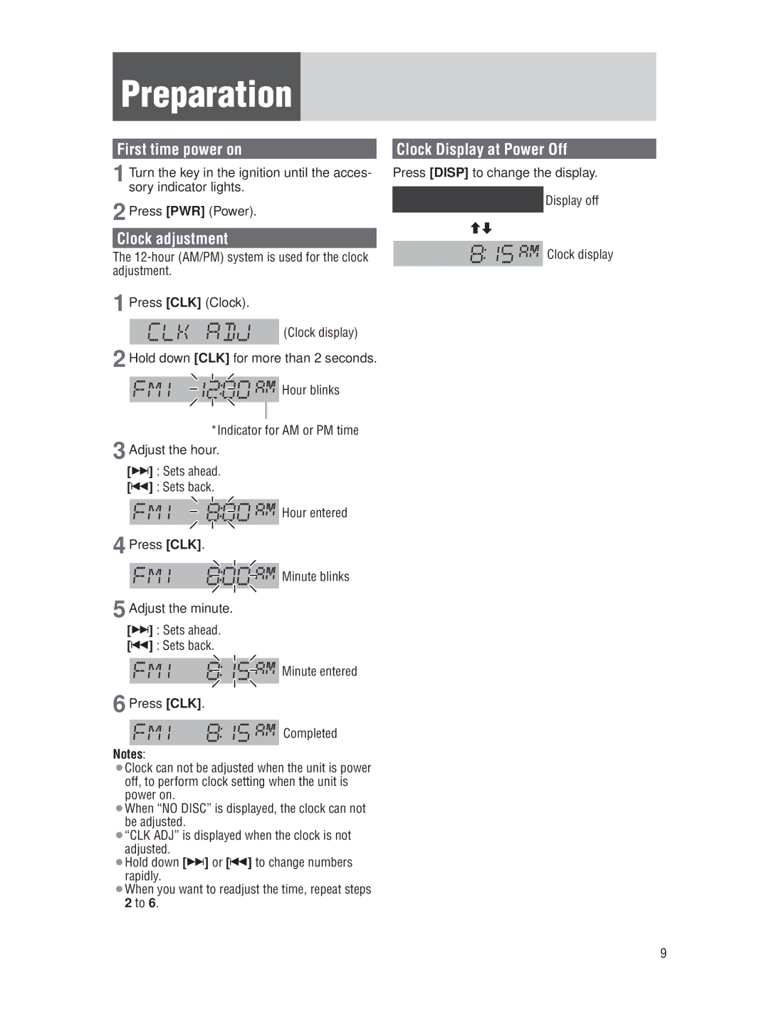 Panasonic CQ-5109U operating instructions Preparation, First time power on, Clock adjustment, Clock Display at Power Off 