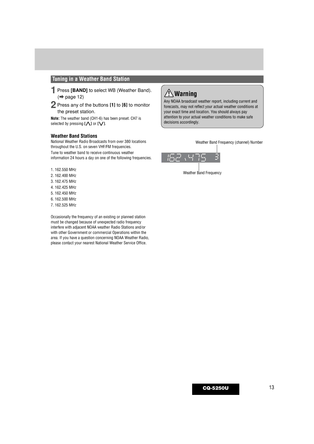 Panasonic CQ-5250U warranty Tuning in a Weather Band Station, Weather Band Stations 