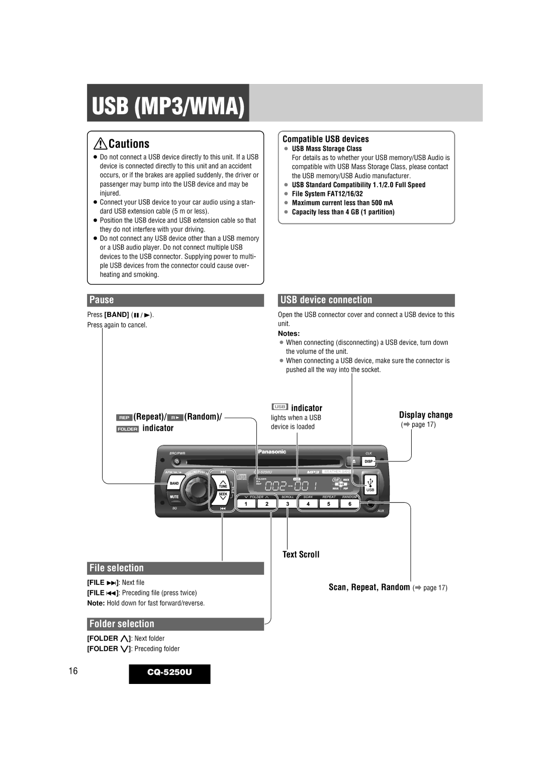 Panasonic CQ-5250U warranty USB device connection, File selection, Folder selection 