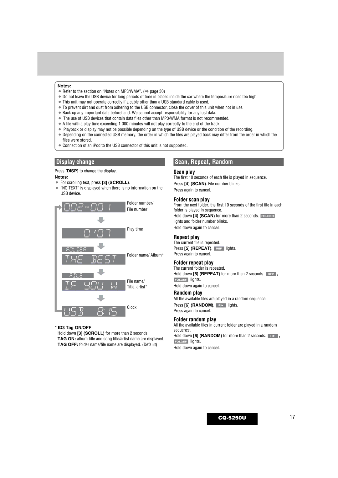 Panasonic CQ-5250U warranty Folder scan play, Folder repeat play, Folder random play 