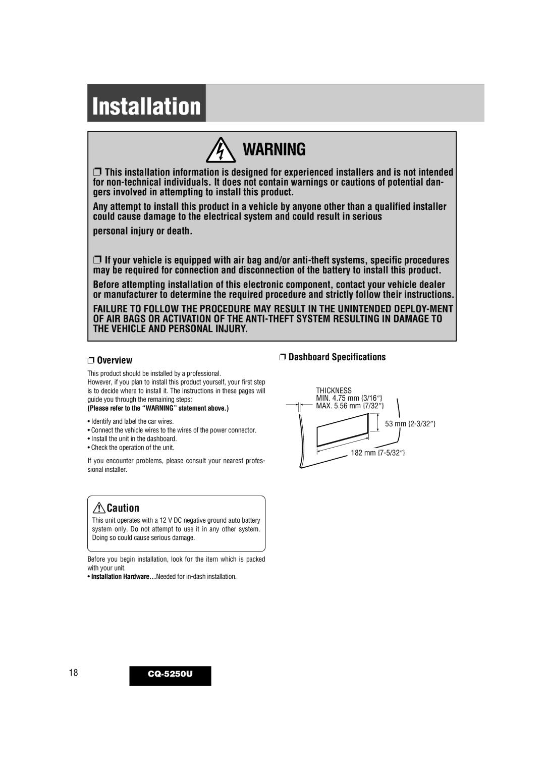 Panasonic CQ-5250U warranty Installation, Please refer to the Warning statement above 