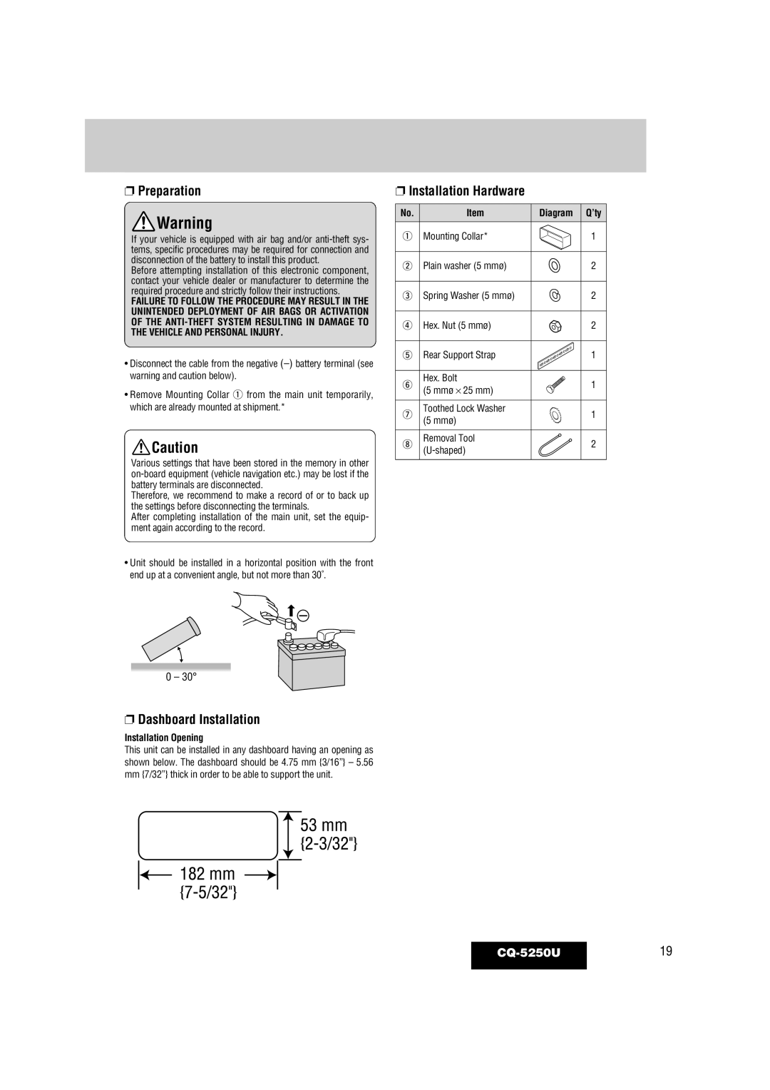 Panasonic CQ-5250U warranty Diagram Q’ty, Installation Opening 