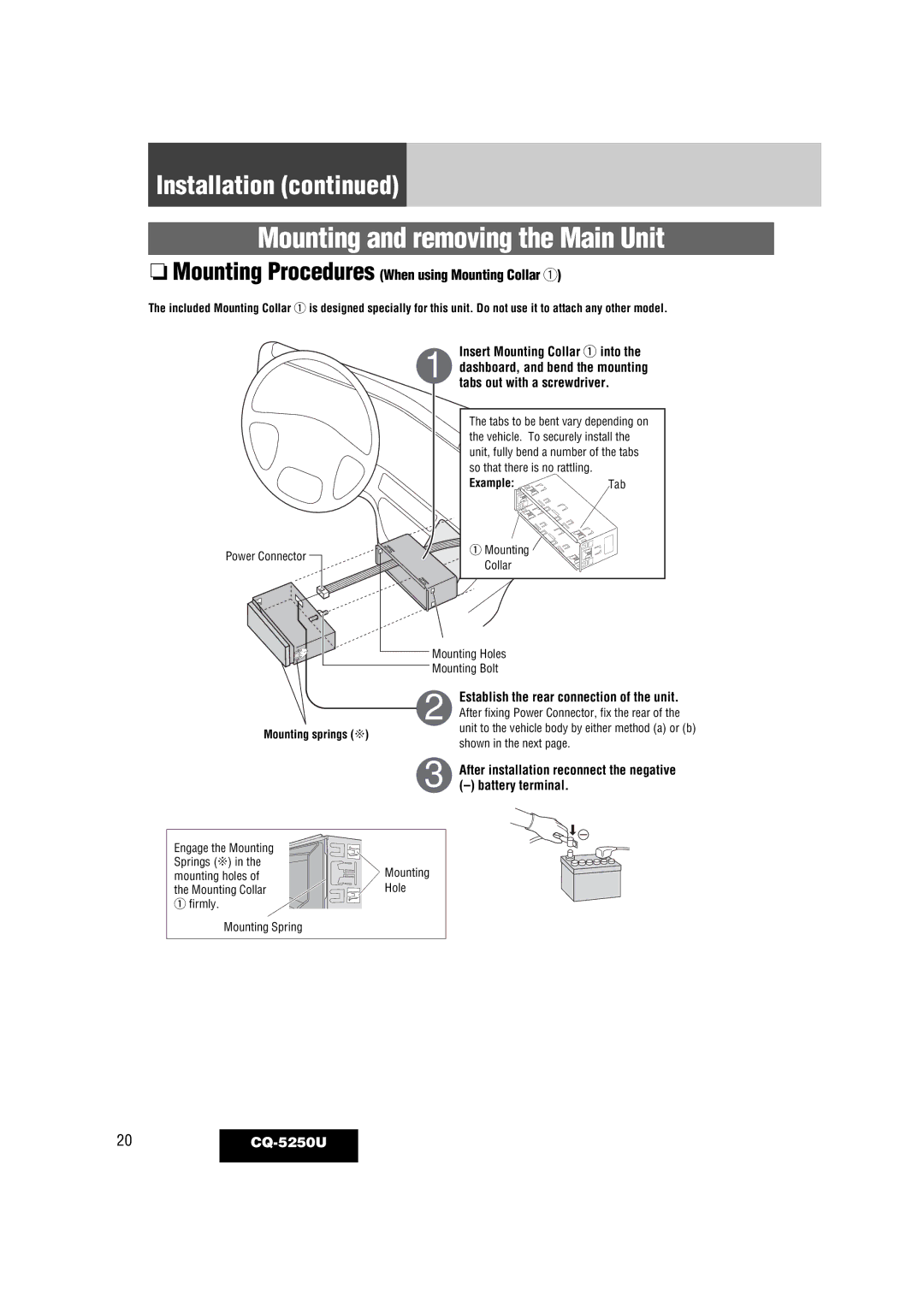 Panasonic CQ-5250U Mounting Procedures When using Mounting Collar q, Insert Mounting Collar q into, Battery terminal 