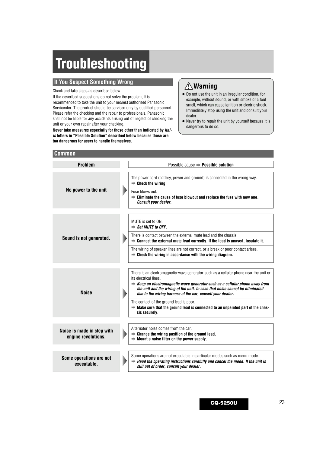 Panasonic CQ-5250U warranty Troubleshooting, If You Suspect Something Wrong, Common, Possible cause a Possible solution 