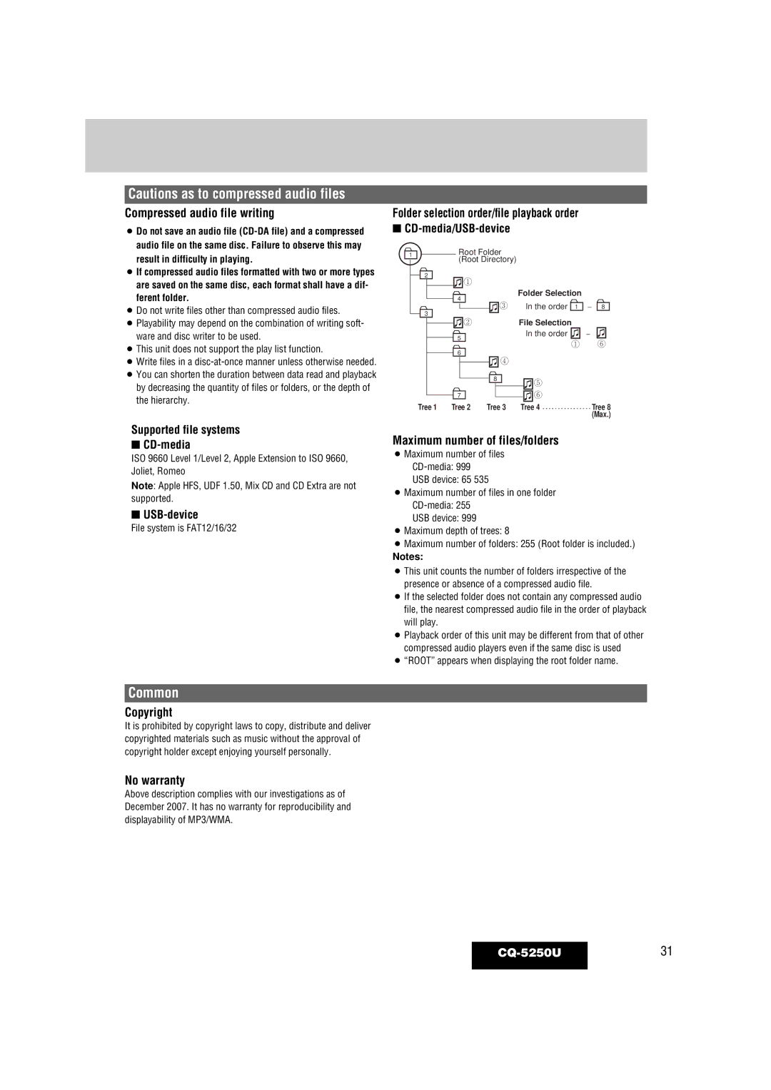 Panasonic CQ-5250U Compressed audio file writing, Folder selection order/file playback order, Copyright, No warranty 