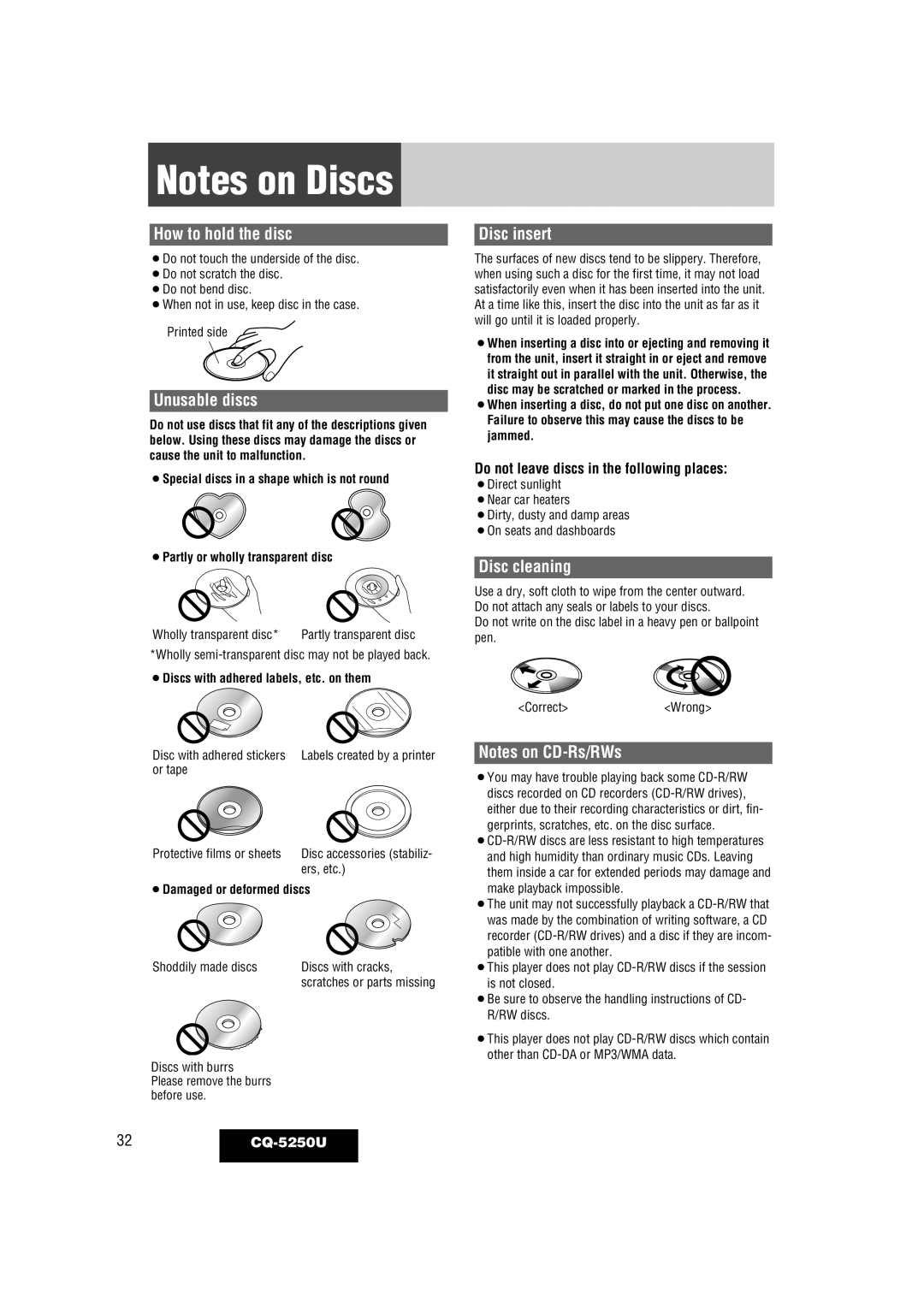 Panasonic CQ-5250U warranty How to hold the disc, Unusable discs, Disc insert, Disc cleaning 