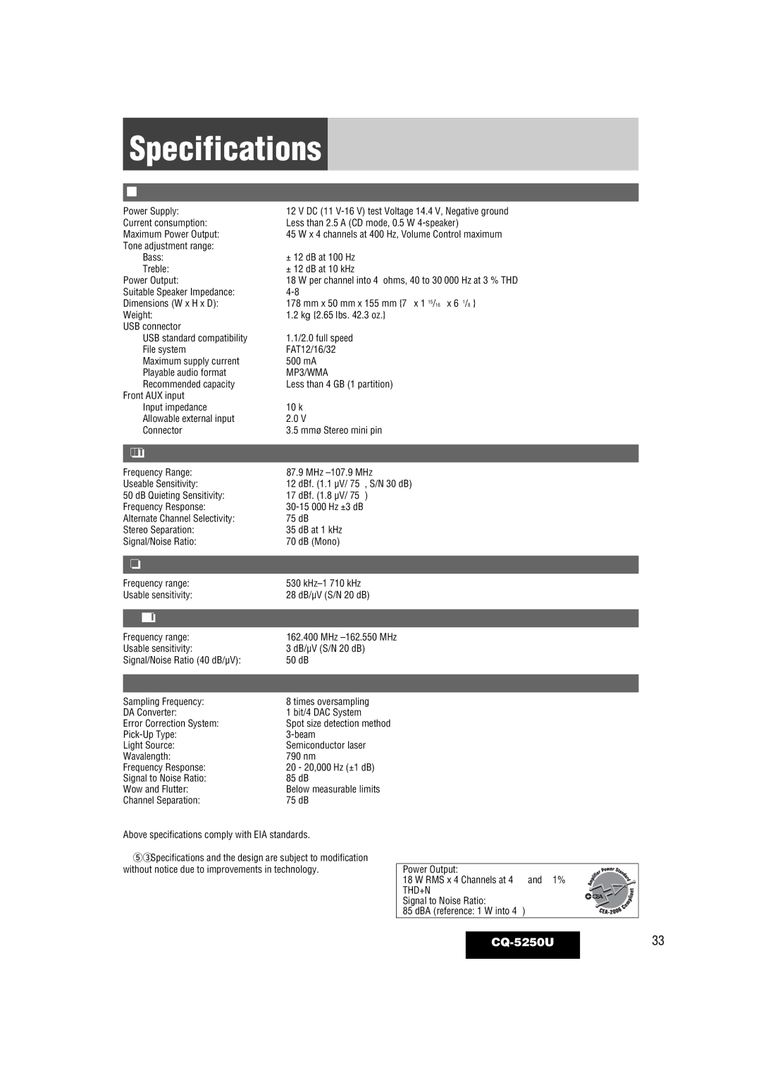 Panasonic CQ-5250U warranty Specifications 