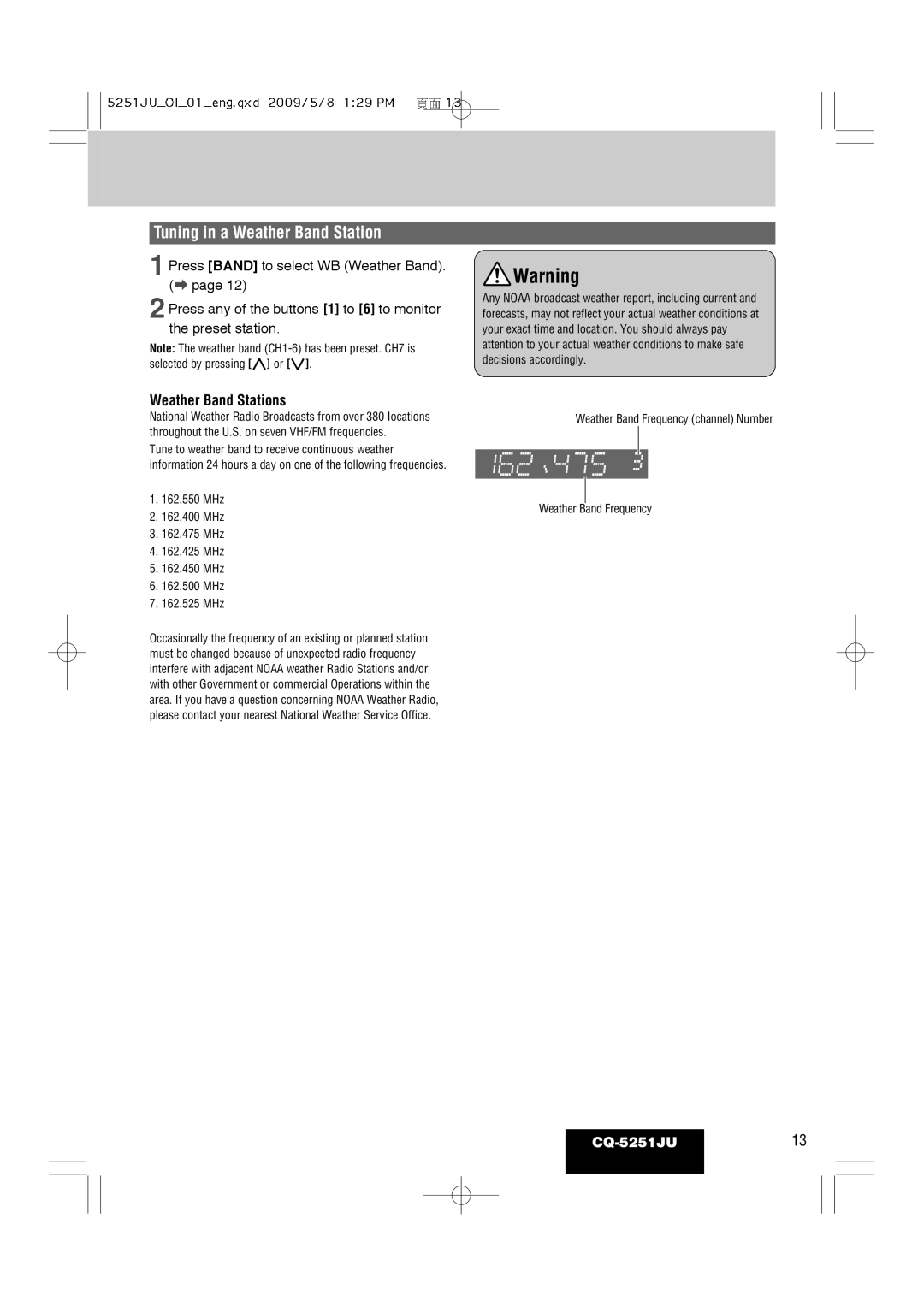 Panasonic CQ-5251JU warranty Tuning in a Weather Band Station, Weather Band Stations 